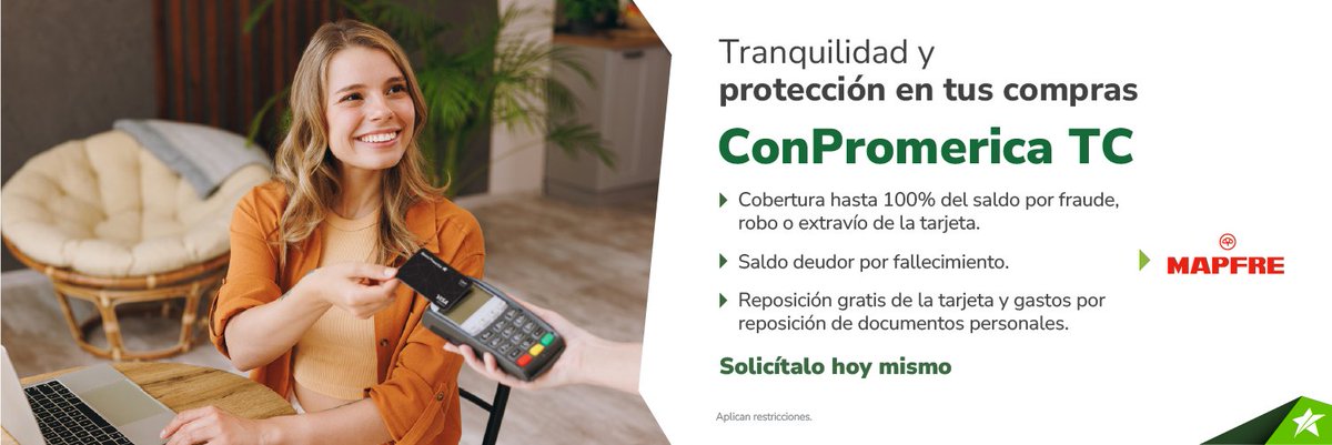 🛒 ¡Tranquilidad garantizada con tu tarjeta de crédito Promerica! 

Tu cobertura en caso de fraude, robo o extravío. 💳 ¡Solicita tu seguro ConPromerica hoy mismo! 

#Tranquilidad #TarjetaDeCrédito #BancoPromerica #Protección