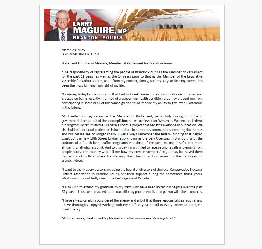 Statement from Larry Maguire, Member of Parliament for Brandon-Souris