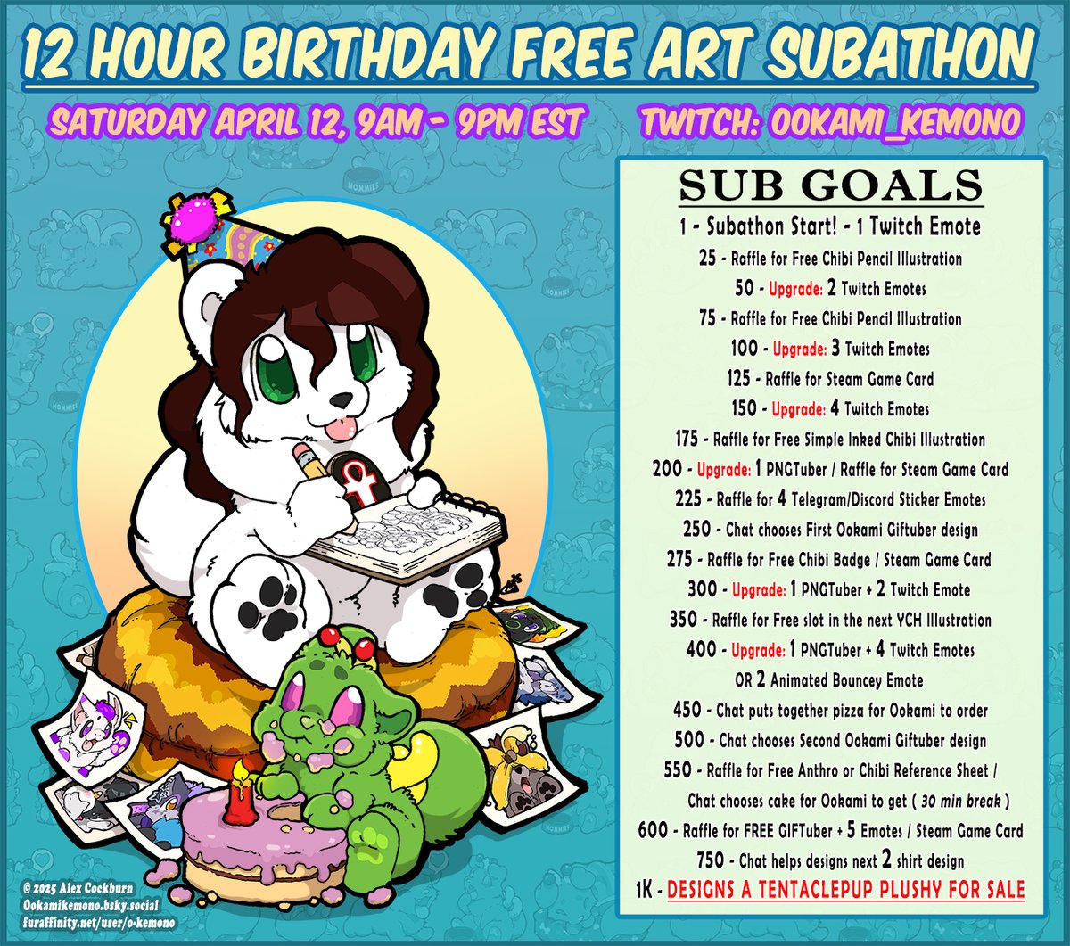 This is the Sub Goal for the 12 Hour Birthday Free Art Subathon. All Emotes, PNGtubers and Giftubers will be SKETCHED and INKED on stream, and then colored/animated afterwards. This will be my first 12 hour long Subathon, so wish me luck! Hope to see you there! ❤️