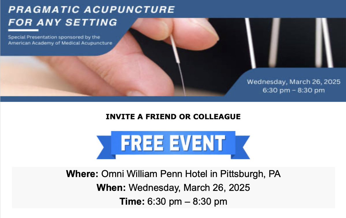 Do you have colleagues who are interested in learning how you use acupuncture in your medical practice or know physicians near Pittsburgh who could benefit from adding acupuncture into their practices? Invite them to learn more about it from the experts!
ow.ly/nErI50VmX5V
