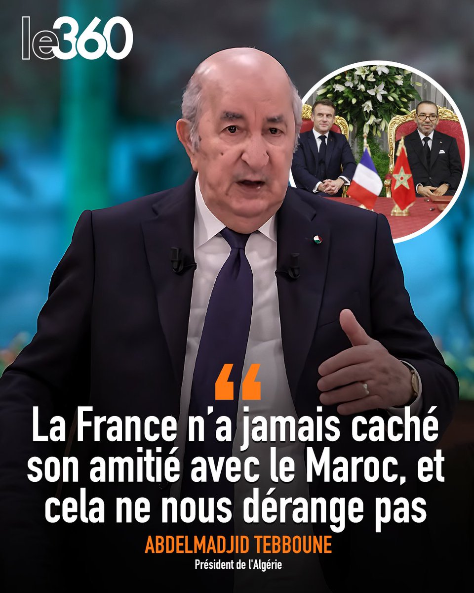 🇲🇦🇫🇷🇩🇿 Volte-face du président Tebboune ce samedi à la télévision algérienne, qui joue aujourd’hui la carte de l’apaisement et tend le calumet de la paix à Emmanuel Macron, banalisant la reconnaissance par la France de la marocanité du Sahara.

Alors qu’il a déclenché cette crise