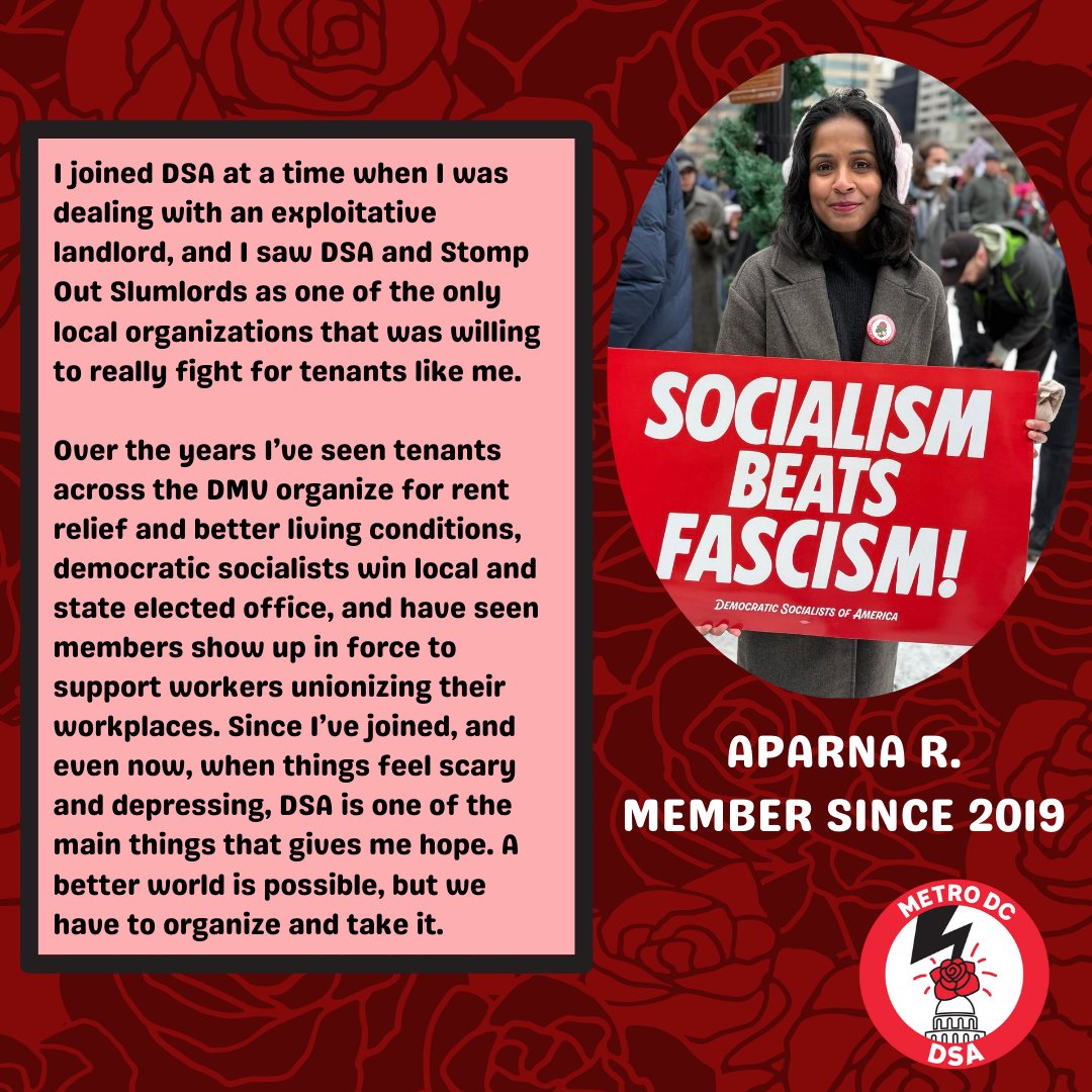 mdc_dsa's tweet photo. Today's featured member in our daily series is Aparna R., who joined DSA in '19 and has been involved with tenant, labor, and electoral organizing, was an at-large member of the Steering Committee in '22-24, and served as Chapter Chair in '23. Join today: https://t.co/OyfEbfnxUX https://t.co/j1gszCoLDG