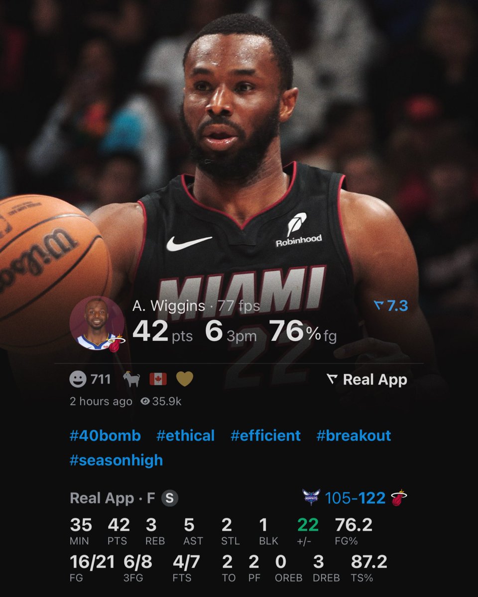TheHoopCentral's tweet photo. ANDREW WIGGINS TONIGHT:

42 POINTS 
5 ASSISTS 
3 REBOUNDS 
16/21 FGM
6/8 3PM

THRIVING IN MIAMI. 🔥 (VIA @realapp) https://t.co/Vsxv6Oilnj