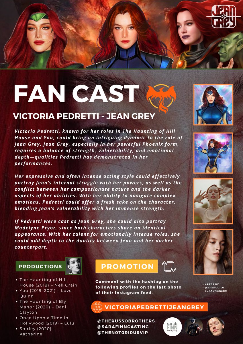 With Sadie Sink increasingly distancing herself from the role of JEAN GREY, another name is gaining strength…

𝑽𝑰𝑪𝑻𝑶𝑹𝑰𝑨 𝑷𝑬𝑫𝑹𝑬𝑻𝑻𝑰.

I was contacted by the community to promote this Fan Cast.

If you support, use #VICTORIAPREDETTIJEANGREY in your daily life!