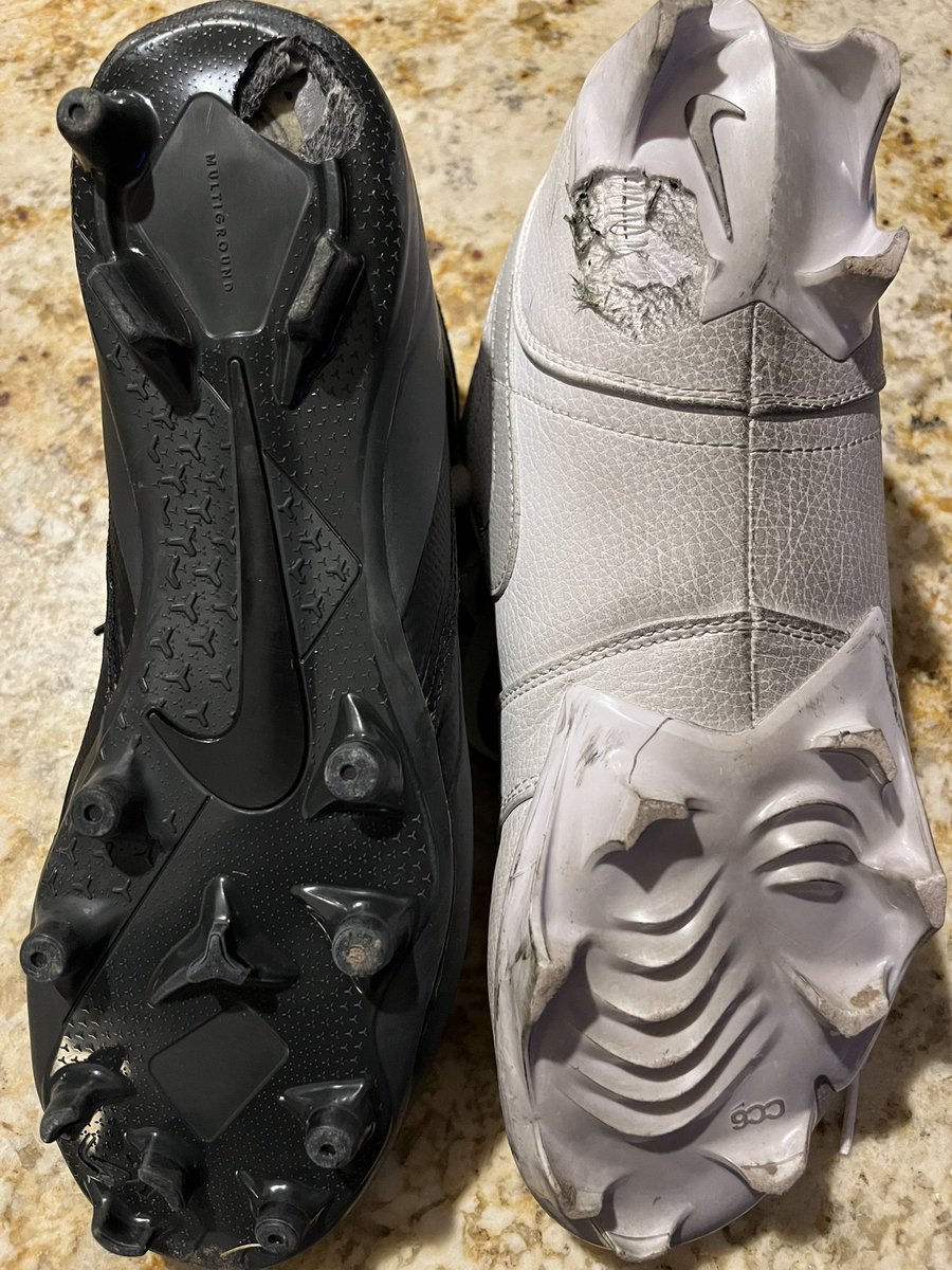 seanmohammed74's tweet photo. @Nike what am I supposed to do with these?!? The white pair was purchased for my son for this spring, the right inside forward heel molded cleat peeled off, we told him to use his back ups (black, from last spring) the right outside rear heel molded cleat broke off #seekingrefund https://t.co/8vwCibeA79