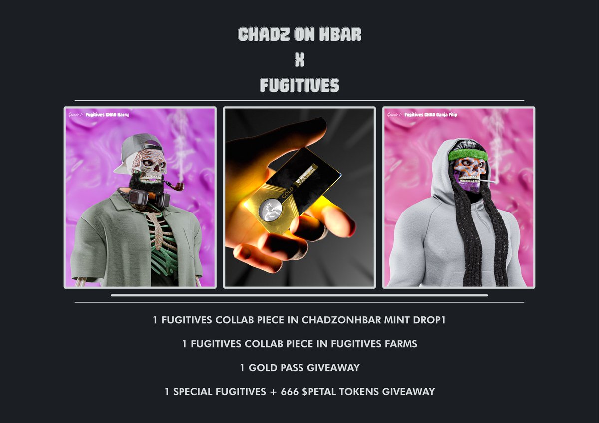 Chadz on HBAR (@chadzonhbar) on Twitter photo Chadz x Fugitives!π
Dropping 2 Fugitive-style Chadz NFTs!
πΉ 1 in Chadz on HBAR Mint
πΉ 1 in Fugitives Farms
π GIVEAWAY:
πΉ 1 Gold VIP Pass
πΉ 1 Special Fugitives NFT + 666 Petal
How to Enter:
β
Follow <a href="/ChadzOnHBAR/">Chadz on HBAR</a> & <a href="/fugitives_club/">Fugitives Club</a>
β
Like & RT
β
Tag 2 friends Chadz x Fugitives!π
Dropping 2 Fugitive-style Chadz NFTs!
πΉ 1 in Chadz on HBAR Mint
πΉ 1 in Fugitives Farms
π GIVEAWAY:
πΉ 1 Gold VIP Pass
πΉ 1 Special Fugitives NFT + 666 Petal
How to Enter:
β
Follow <a href="/ChadzOnHBAR/">Chadz on HBAR</a> & <a href="/fugitives_club/">Fugitives Club</a>
β
Like & RT
β
Tag 2 friends
