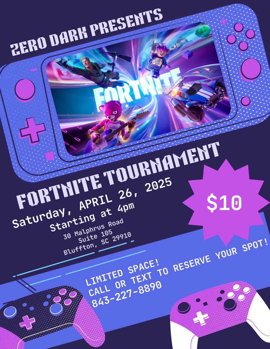 ZeroDarkEsports's tweet photo. ANNOUNCEMENT ๐ฃ ๐ฃ
We asked, you answered!
Zero Dark Presents our April 2025 Tournament Lineup:
Mario Kart and Fortnite! ๐๐
Call/Text us to reserve your spot today! 843-227-9638 or visit https://t.co/icmkVS3biS
Letโs Grind! ๐๐ฎ
#ZeroDark https://t.co/1k2sztgCgr