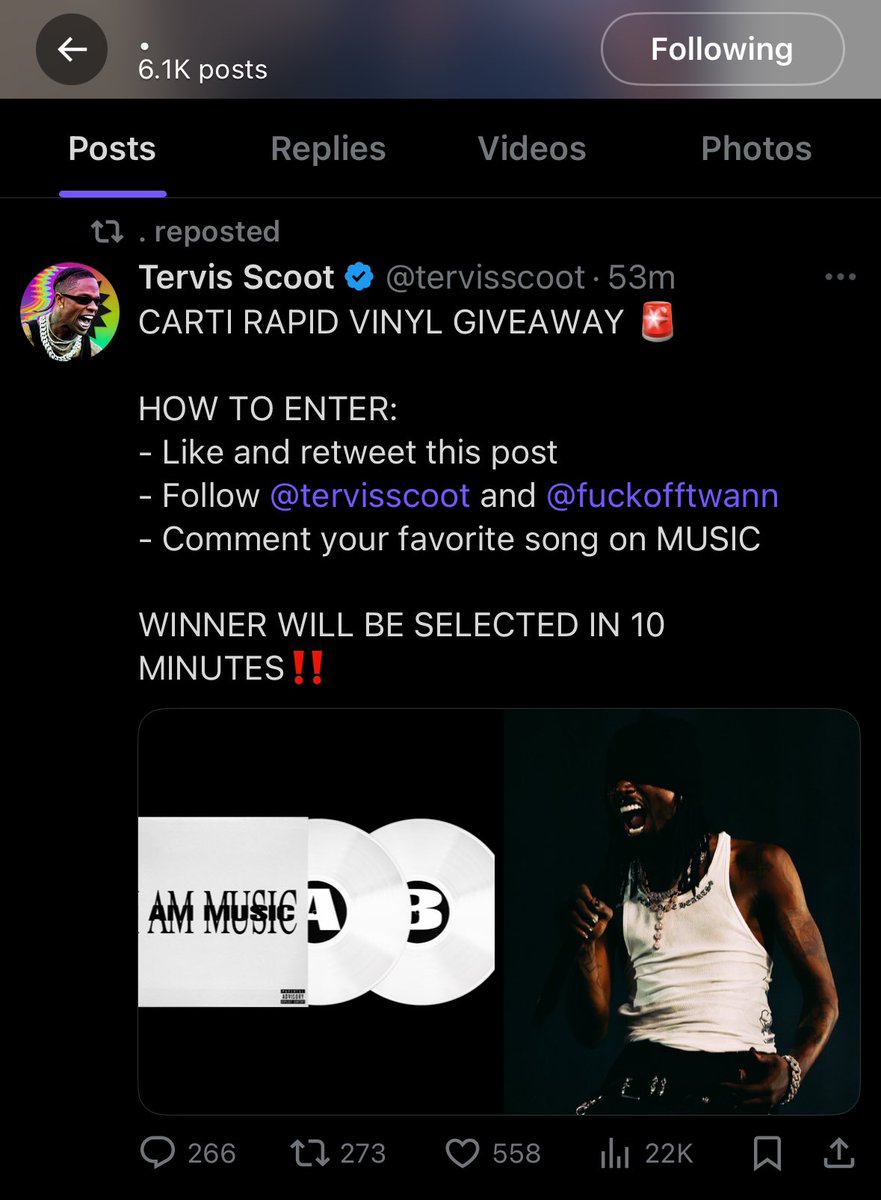 tervisscoot's tweet image. CARTI RETWEETED‼️ I’M GIVING AWAY THREE MORE VINYLS NOW 🚨🚨🚨

HOW TO ENTER
- Like and retweet this post
- Follow @tervisscoot and @playboicarti 
- Comment your favorite song on MUSIC

WINNERS WILL BE ANNOUNCED IN 24HRS, GOOD LUCK‼️