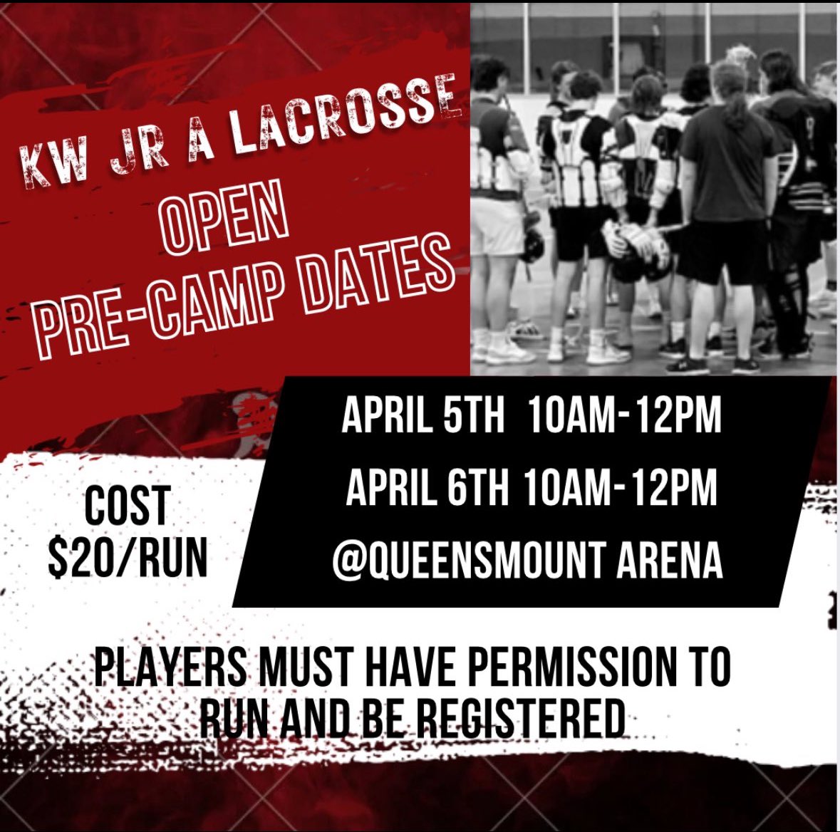 🗣️#KWJrA pre-camp runs are less than  2 weeks away!   

🗓️April 5 10a-12
🗓️April 6 10a-12
📍Queensmount Arena, 1260
Queen’s Blvd, Kitchener ON
$20/run
🧑‍💻 sportzsoft.com/regApp/Login?O…
✅ Permission to run (PTR) from your home centre is required. 🥍

Info: kwjuniora@gmail.com

#OJLL