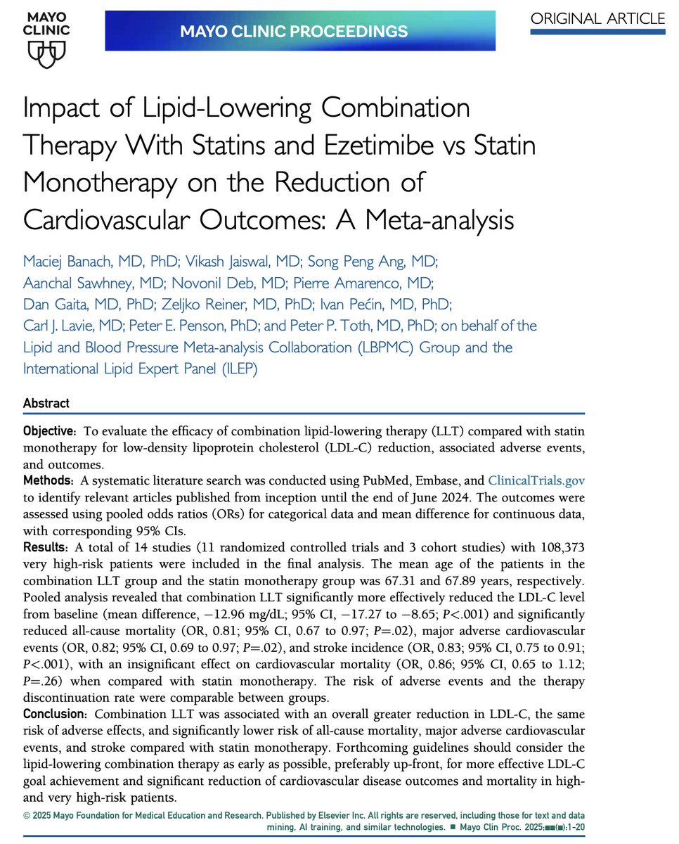 Maciej Banach (@maciejbanach) on Twitter photo Finally, the first and the largest #metaanalysis on the #upfront combination #lipid lowering therapy (#LLT) of moderate to high intensity #statin #therapy and #ezetimibe vs statin monotherapy has been released in the <a href="/MayoProceedings/">Mayo Clinic Proceedings</a>‼️
Based on the data from 14 studies with Finally, the first and the largest #metaanalysis on the #upfront combination #lipid lowering therapy (#LLT) of moderate to high intensity #statin #therapy and #ezetimibe vs statin monotherapy has been released in the <a href="/MayoProceedings/">Mayo Clinic Proceedings</a>‼️
Based on the data from 14 studies with