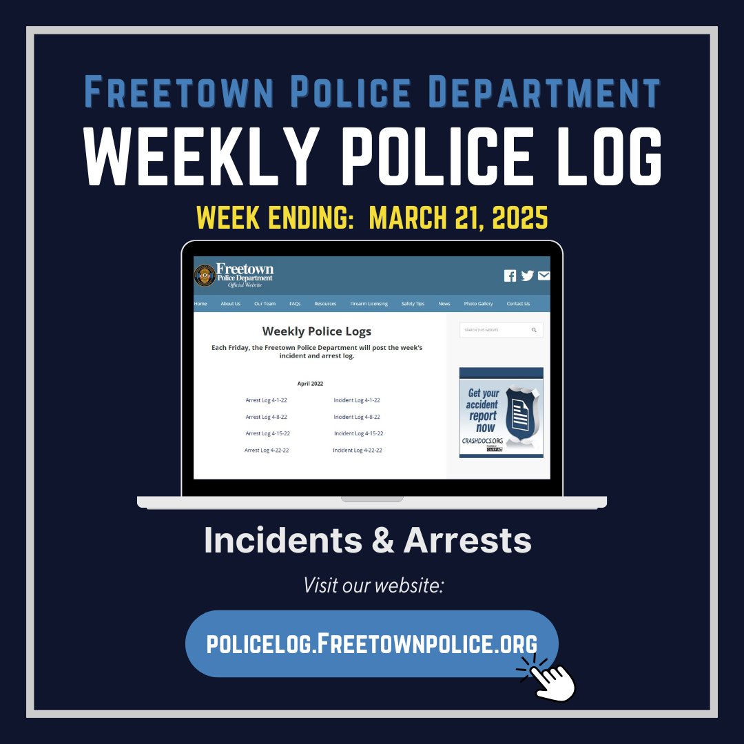 FreetownPD's tweet image. The Weekly Incident & Arrest Log has been posted on our website.
💻🖱 policelog.freetownpolice.org
#freetownpdlog #freetownma