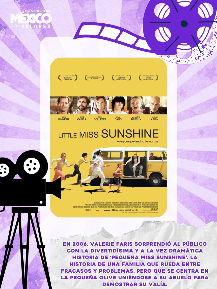 Sabían qué... #LittleMissSunshine fue el debut de la cineasta y productora #ValerieFarris quien anteriormente dirigió diversos videos musicales. 

#CineConValores 💜🧡