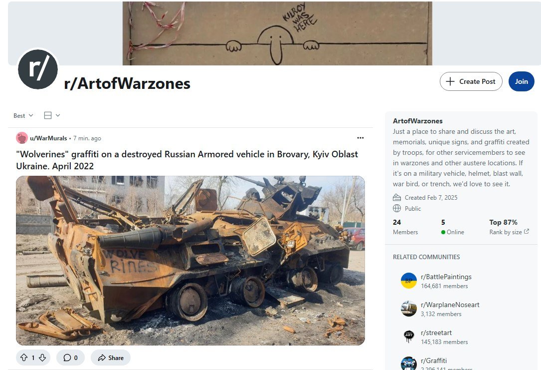 If any of you are redditors, I created an ArtofWarzones subreddit- hope you join/ follow. reddit.com/r/ArtofWarzone…

Its dedicated to the art, memorials, unique signs, and graffiti created by troops, for the troops.