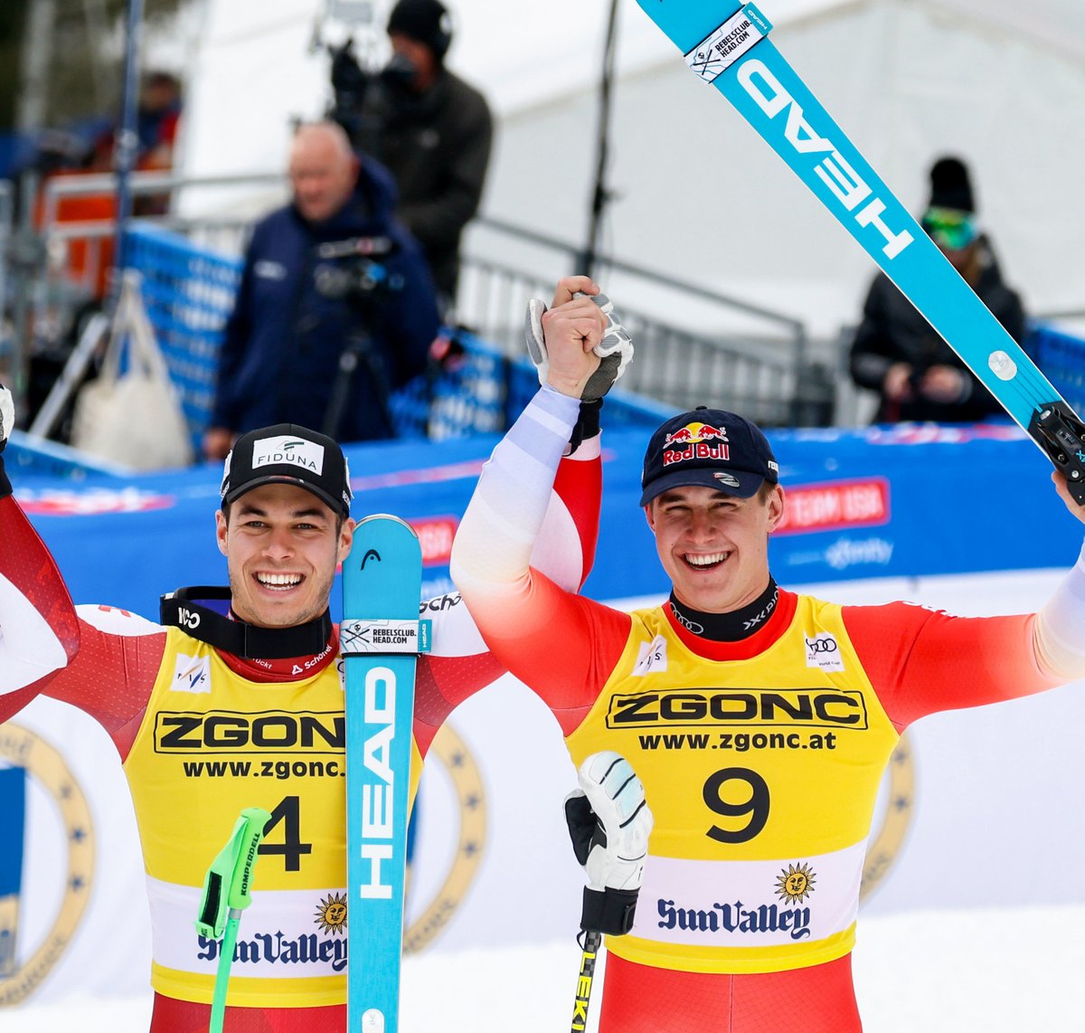 Austrian Lukas Feurstein celebrates his maiden World Cup win in today's Super G in Sun Valley with Franjo von Allmen in third place.