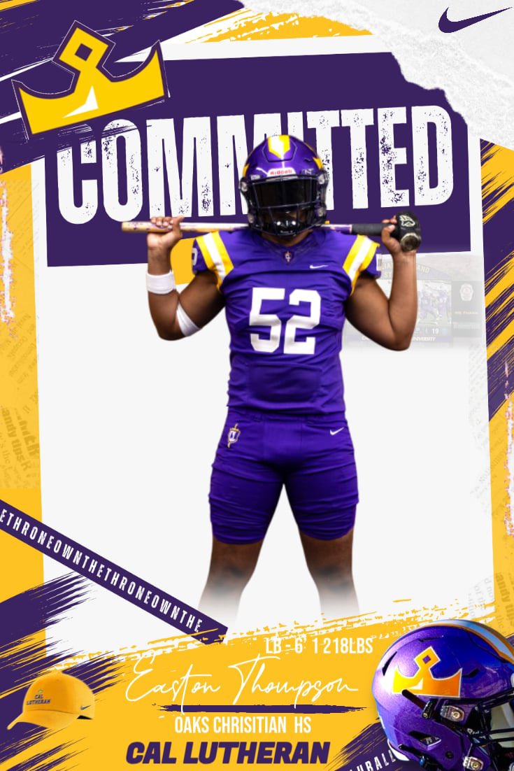 Easton Thompson (@eastonthompson9) on Twitter photo Blessed to announce my commitment to Cal Lutheran University!!! Thank you God! Thank you to all my Coaches and Teammates the past 4 years! <a href="/CLUCoachLugo/">Anthony Lugo</a> <a href="/CheyneCaldwell/">Cheyne Caldwell</a> Blessed to announce my commitment to Cal Lutheran University!!! Thank you God! Thank you to all my Coaches and Teammates the past 4 years! <a href="/CLUCoachLugo/">Anthony Lugo</a> <a href="/CheyneCaldwell/">Cheyne Caldwell</a>