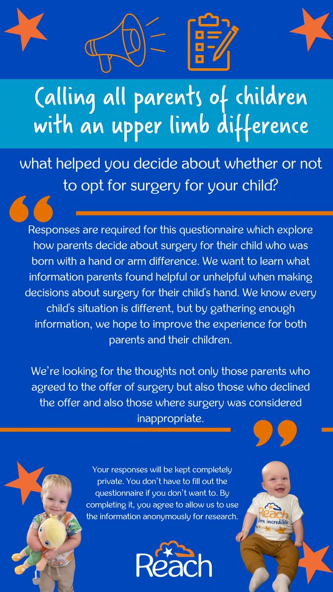📣 Participants required 📣

Calling all parents of children with an upper limb difference - 
what helped you decide about whether or not to opt for surgery for your child? 💙🧡

Please fill in the questionnaire here: docs.google.com/forms/d/e/1FAI…

#limbdifference