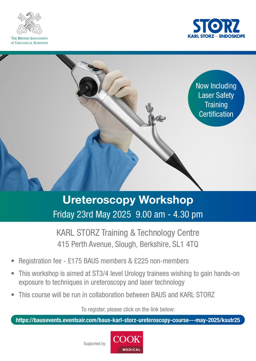 BSoT (@bsot_uk) on Twitter photo 📣 Couple of <a href="/KARLSTORZUK/">KARL STORZ - UK</a> workshops on the horizon aimed at junior trainees, with discounted rates for BAUS members.
1️⃣ Endoscopic Skills Course (14th May)
bausevents.eventsair.com/baus-karl-stor…
2️⃣ Ureteroscopy Workshop (23rd May)
bausevents.eventsair.com/baus-karl-stor… 📣 Couple of <a href="/KARLSTORZUK/">KARL STORZ - UK</a> workshops on the horizon aimed at junior trainees, with discounted rates for BAUS members.
1️⃣ Endoscopic Skills Course (14th May)
bausevents.eventsair.com/baus-karl-stor…
2️⃣ Ureteroscopy Workshop (23rd May)
bausevents.eventsair.com/baus-karl-stor…