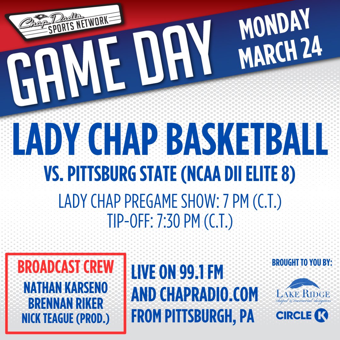 LCU_Chap_Radio's tweet image. Lady Chap Basketball faces Pittsburg State tonight in the NCAA DII Elite Eight. Coverage begins at 7 pm Central Time on 99.1 FM (Lubbock, TX) and chapradio.com.
@LCUedu @LCUCHAPS @LCUWomensBball 
#WEliteEight #D2WBB
