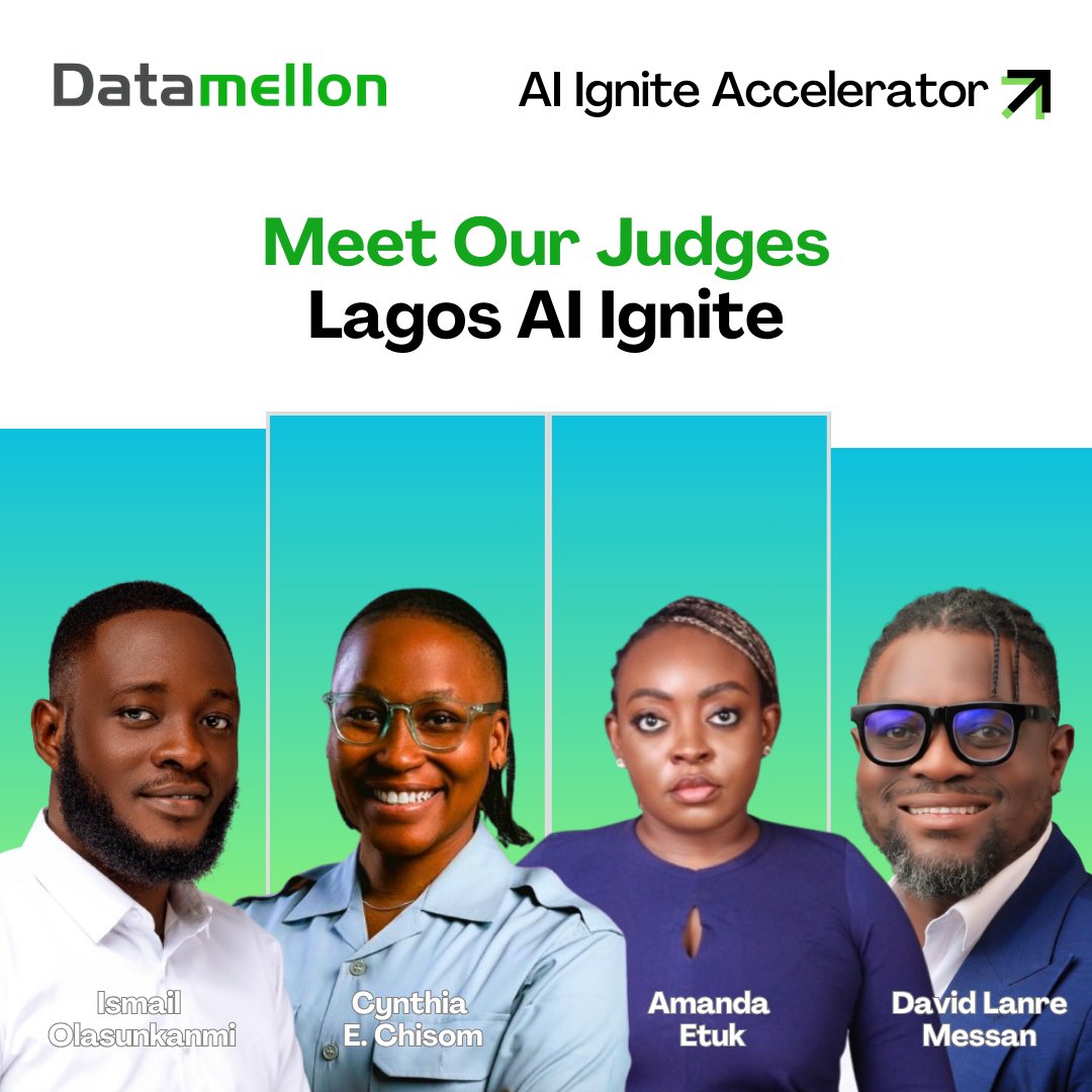 datamellon_ltd's tweet image. Lagos, meet your judges!

As we kick off the Datamellon AI Ignite Pitch Competition, our expert panel is ready to see the boldest AI innovations.

Think you’ve got what it takes? Let’s find out! 🔥

Next stop: Accra, Nairobi, Berlin &amp;amp; more!

#AIIgnite #LagosPitch #100KChallenge