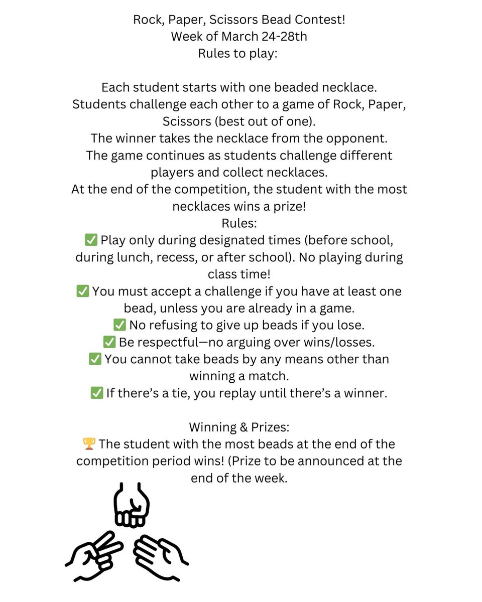 Students—check out the attached flyer for information on this upcoming week’s Rock, Paper, Scissor, Bead contest!