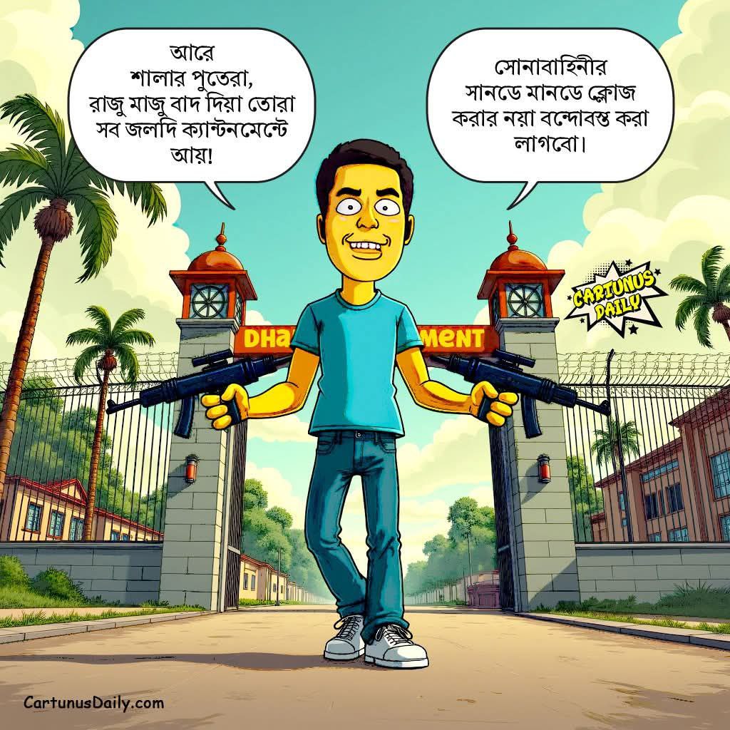 Annakeshab's tweet photo. "আরে শা*লা*র পুতেরা, রাজু মাজু বাদ দিয়া তোরা সব জলদি ক্যান্টনমেন্টে আয়! সোনাবাহিনীর সানডে মানডে ক্লোজ করার নয়া বন্দোবস্ত করা লাগবো।"  হাসনাত আব্দুল্লাহ 

#CartunusDaily #Bangladesh #Bangladeshi #politicalcartoons #BangladeshCrisis #freedomofspeech #YunusRegime #yunusgovernment https://t.co/jbWXsgwxVy