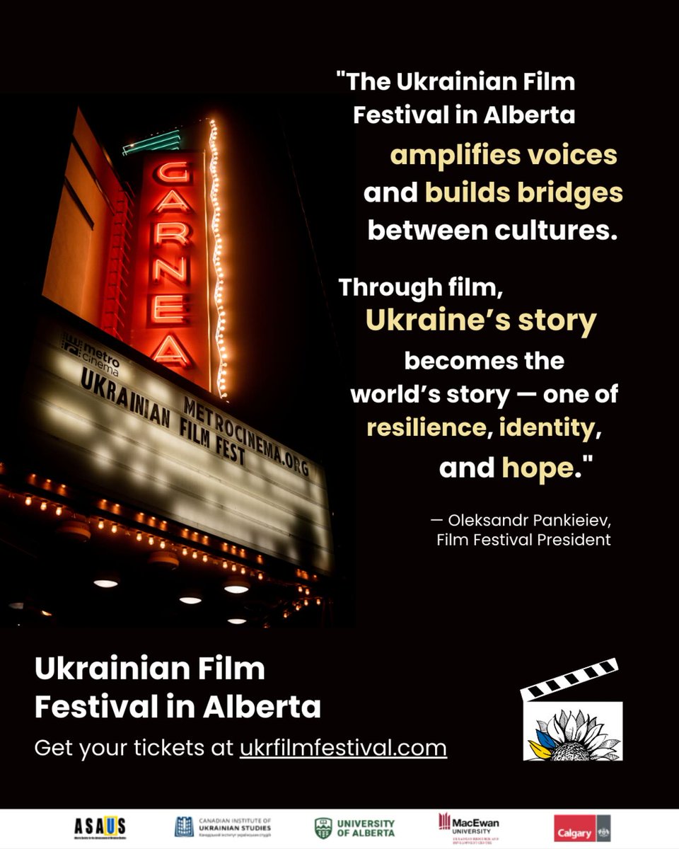 Now is your opportunity to experience outstanding works of Ukrainian cinema during the The Ukrainian Film Festival in Alberta. Join us in Calgary from 4-6 April and Edmonton from 11-13 April.
See the schedule and reserve your tickets: ukrfilmfestival.com