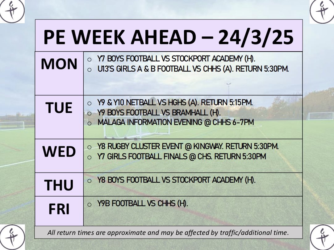 🗓️| WEEK AHEAD 24/3/25

Please see our upcoming fixtures for next week. All team sheets will be on the PE office wall please tick your name to confirm your attendance or a cross if you are unavailable. Good luck to all pupils representing the school next week. #teamlch 🏀⚽️🏉