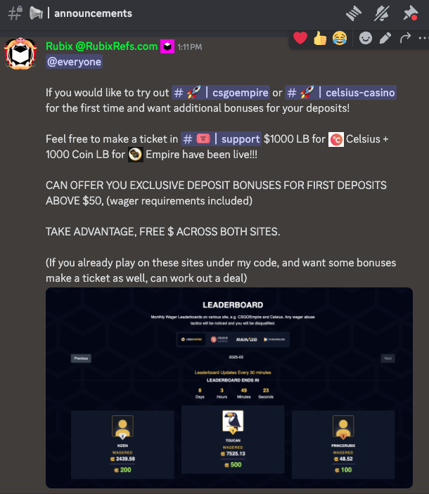 RubixRefs (@rubixrefs) on Twitter photo Are YOU Interested in switching to Code: Rubix
Want EXCLUSIVE BONUSES on top of our Monthly LB's for <a href="/CSGOEmpire/">CSGOEmpire</a> <a href="/CelsiusCasino/">Celsius Casino</a> and others!
Join: discord.gg/rubix and make a ticket so we can get you a custom offer!
Retweet & Tag Friends, $50 in Prizes rolled Month Are YOU Interested in switching to Code: Rubix
Want EXCLUSIVE BONUSES on top of our Monthly LB's for <a href="/CSGOEmpire/">CSGOEmpire</a> <a href="/CelsiusCasino/">Celsius Casino</a> and others!
Join: discord.gg/rubix and make a ticket so we can get you a custom offer!
Retweet & Tag Friends, $50 in Prizes rolled Month