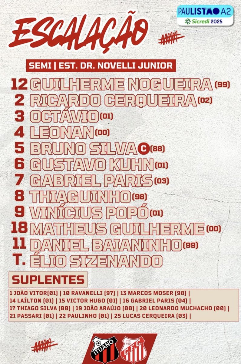 Os 11 iniciais do Capivariano para enfrentar o Ituano pela semifinal da Série A2.
