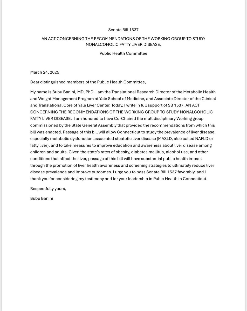 Testimony submitted! Urging everyone to support SB 1537, to establish Connecticut Liver Health Day; promote Liver Health awareness; screen for MASLD, among other provisions. Submit a testimony at cga.ct.gov/aspx/CGATestim… 🙏🏼🙏🏼
