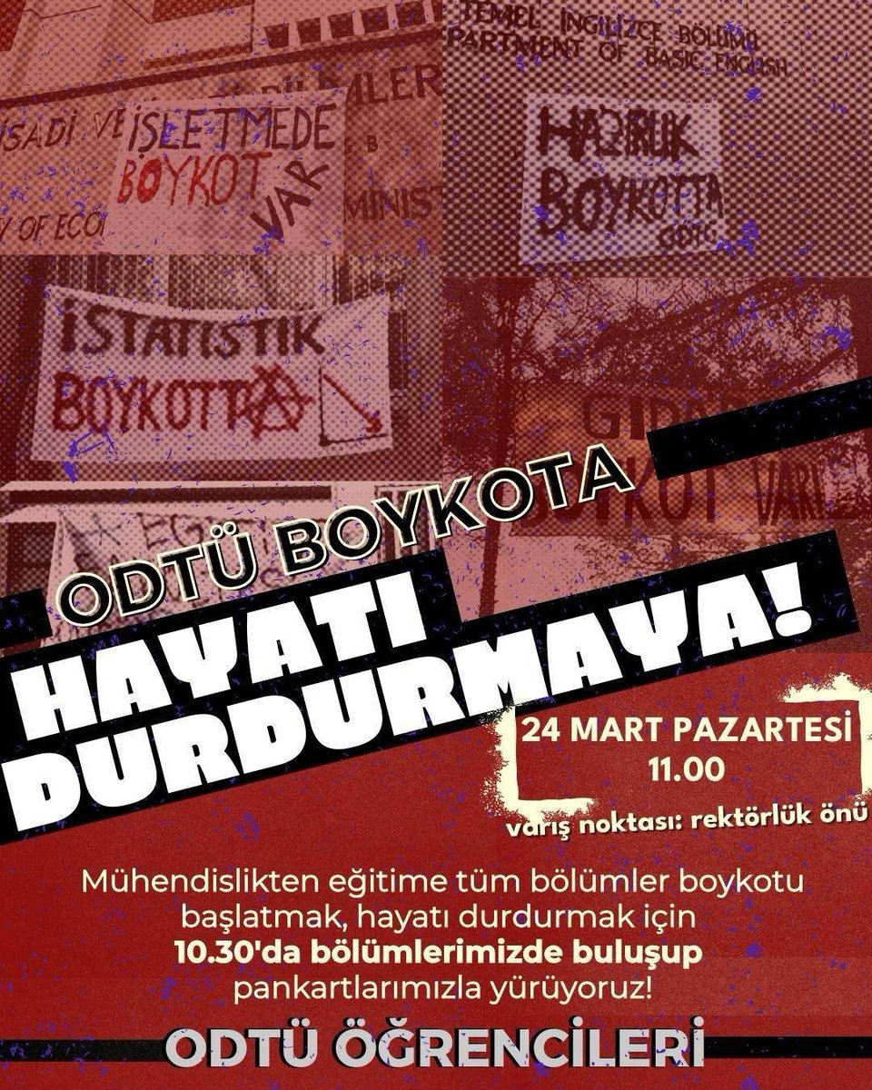 Mühendislikten eğitime tüm bölümler boykotu başlatmak, hayatı durdurmak için 10.30'da bölümlerimizde buluşup pankartlarımızla yürüyoruz!

ODTÜ BOYKOTA HAYATI DURDURMAYA!