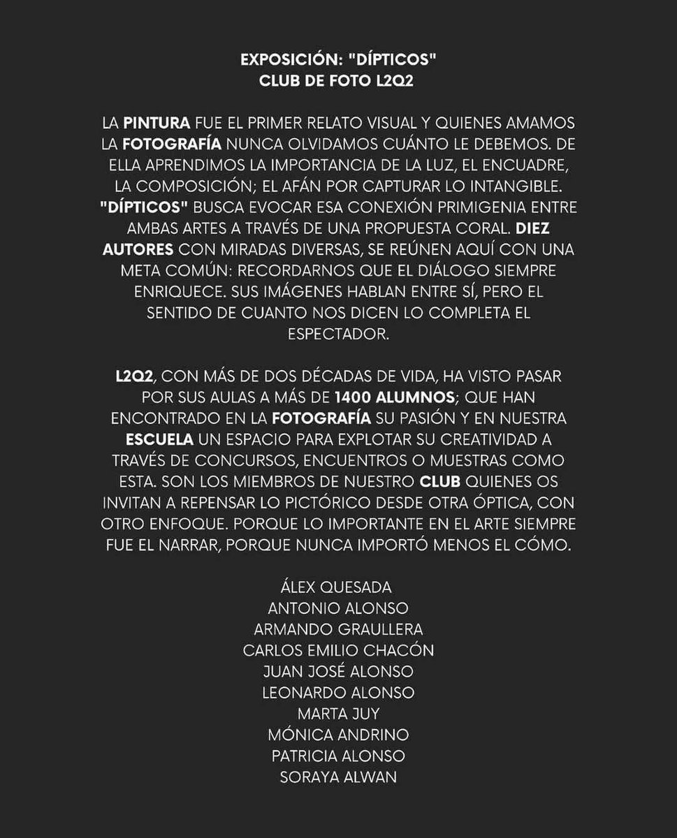 EXPOSICIÓN
DÍPTICOS: UNA EXPOSICIÓN DE DIÁLOGOS VISUALES
El #ClubL2Q2 una exposición colectiva del 25 de marzo al 6 de abril
📅 Inauguración: 28 marzo – 19:00h
📍 Galería Cuttoo #Madrid
🎟 Entrada libre
Más información: cuttoo.es/producto/inaug… #fotografia #photo