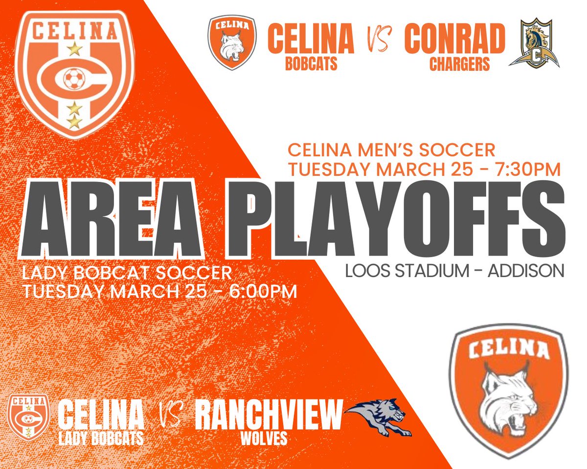 ROUND 2 - AREA PLAYOFFS
Come out and support both the men &amp; women’s Bobcat Soccer teams! 

📆 TUESDAY MARCH 25th
📍LOOS STADIUM

⚽️Lady Bobcats vs Ranchview @ 6:00PM

⚽️Bobcat Soccer vs Conrad @ 7:30PM