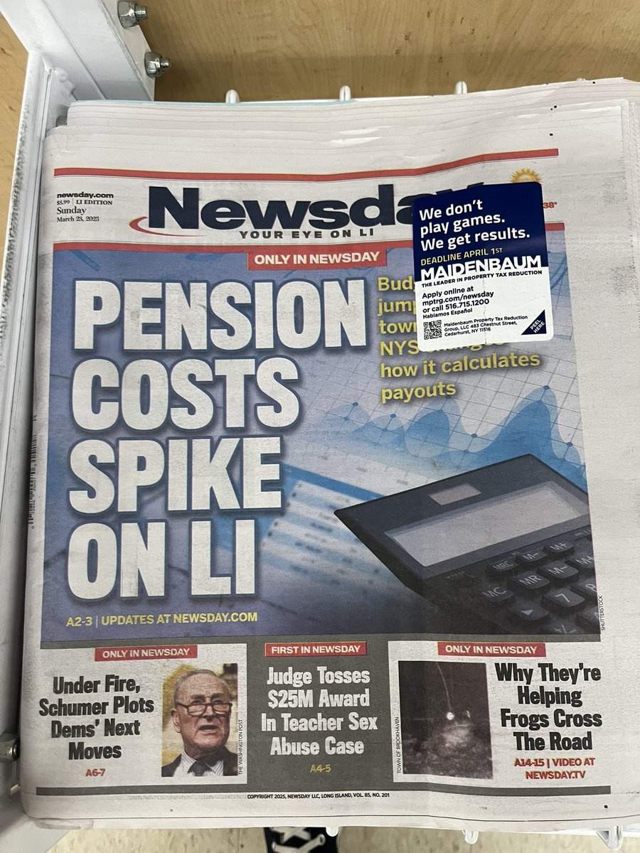 Today’s <a href="/Newsday/">Newsday</a> Page 1: Pension Costs Spike on LI