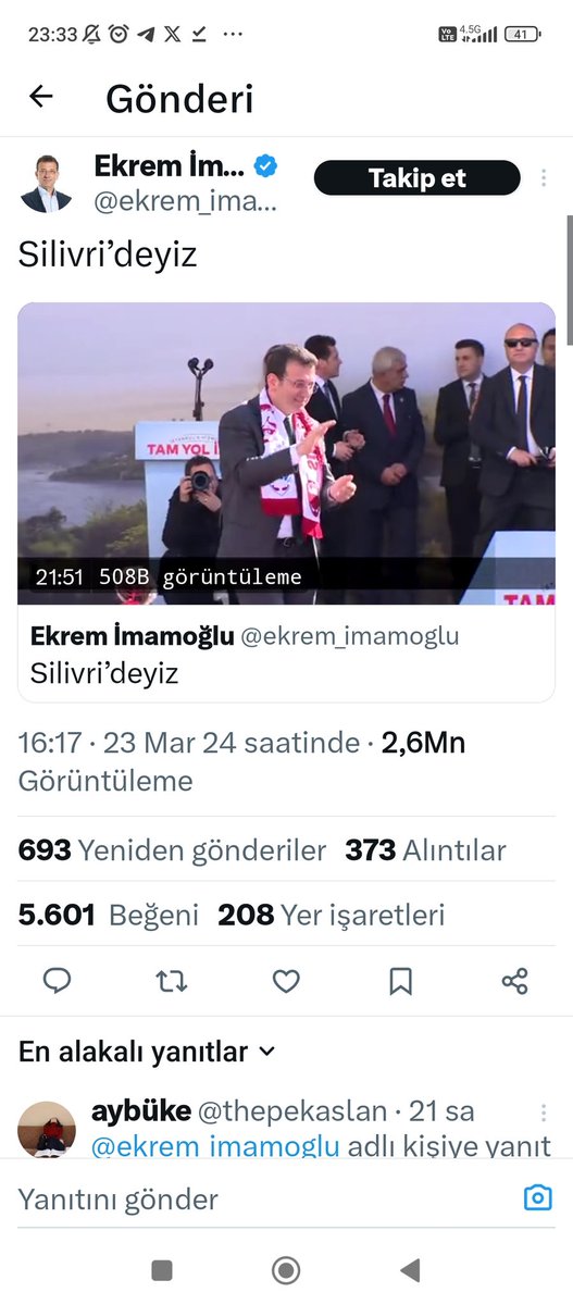 Çok çok ilginç bir tesadüf(mü)! 

İmamoğlu tam bir yıl önce 23 Mart 2024 te "Silivri'deyiz" diye tweet paylaşmış tam bir yıl sonra aynı gün Silivri cezaevine götürüldü!