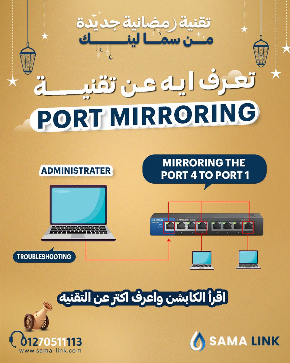 تقنية رمضانية من سما لينك 🌙✨

عارف يعني إيه Port Mirroring؟

هي تقنيه بتخليك تراقب كل حركة في الشبكة وتكشف الأعطال أو الاختراقات باستخدام أدوات زي Wireshark!

مفيدة لمراقبة الأداء، الأمان، وتحليل استهلاك البيانات.

جربتها قبل كده؟

#PortMirroring #مراقبة_الشبكة #سمالينك