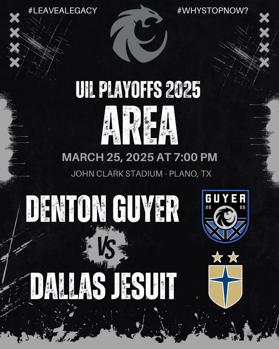 Denton Guyer Men’s Soccer (@guyer_soccer) on Twitter photo 🚨 PLAYOFF ALERT 🚨
Your Wildcats are taking on Dallas Jesuit in the Area round!
Come bring the energy!
🆚 <a href="/JesuitSoccer/">Jesuit Dallas Soccer</a>
🏟️ John Clark Stadium - Plano, TX
⏰ Tuesday, March 25 - 7:00 PM
🎟️ my.hometownticketing.com
#LeaveALegacy #WhyStopNow? 🚨 PLAYOFF ALERT 🚨
Your Wildcats are taking on Dallas Jesuit in the Area round!
Come bring the energy!
🆚 <a href="/JesuitSoccer/">Jesuit Dallas Soccer</a>
🏟️ John Clark Stadium - Plano, TX
⏰ Tuesday, March 25 - 7:00 PM
🎟️ my.hometownticketing.com
#LeaveALegacy #WhyStopNow?