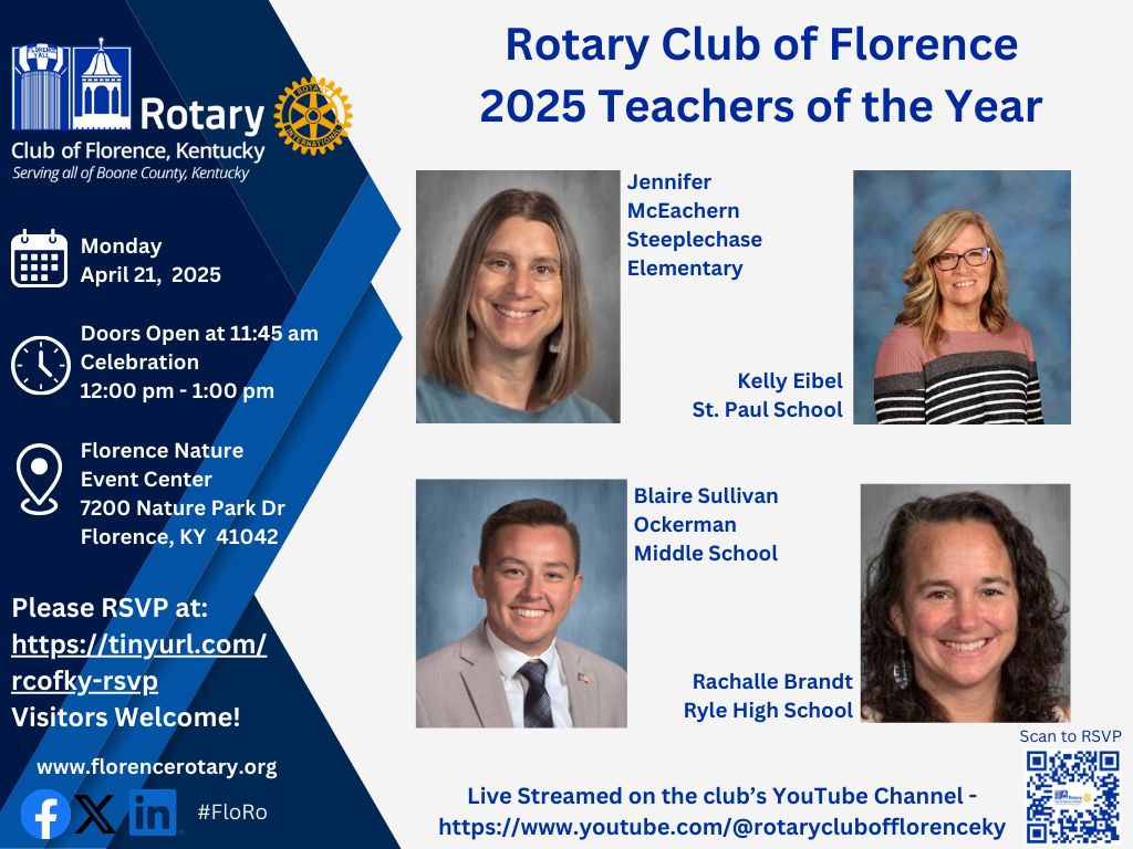 Florence Rotary (@florencerotary) on Twitter photo Exciting News! <a href="/FlorenceRotary/">Florence Rotary</a> is honoring the 2025 Teachers of the Year on April 21st! 🎉
Rachalle Brandt – Ryle High School
Kelly Eibel – St. Paul School
Blaire Sullivan – Ockerman Middle School
Jennifer McEachern – Steeplechase Elementary
More info: florencerotary.org/2025-toy-1 Exciting News! <a href="/FlorenceRotary/">Florence Rotary</a> is honoring the 2025 Teachers of the Year on April 21st! 🎉
Rachalle Brandt – Ryle High School
Kelly Eibel – St. Paul School
Blaire Sullivan – Ockerman Middle School
Jennifer McEachern – Steeplechase Elementary
More info: florencerotary.org/2025-toy-1