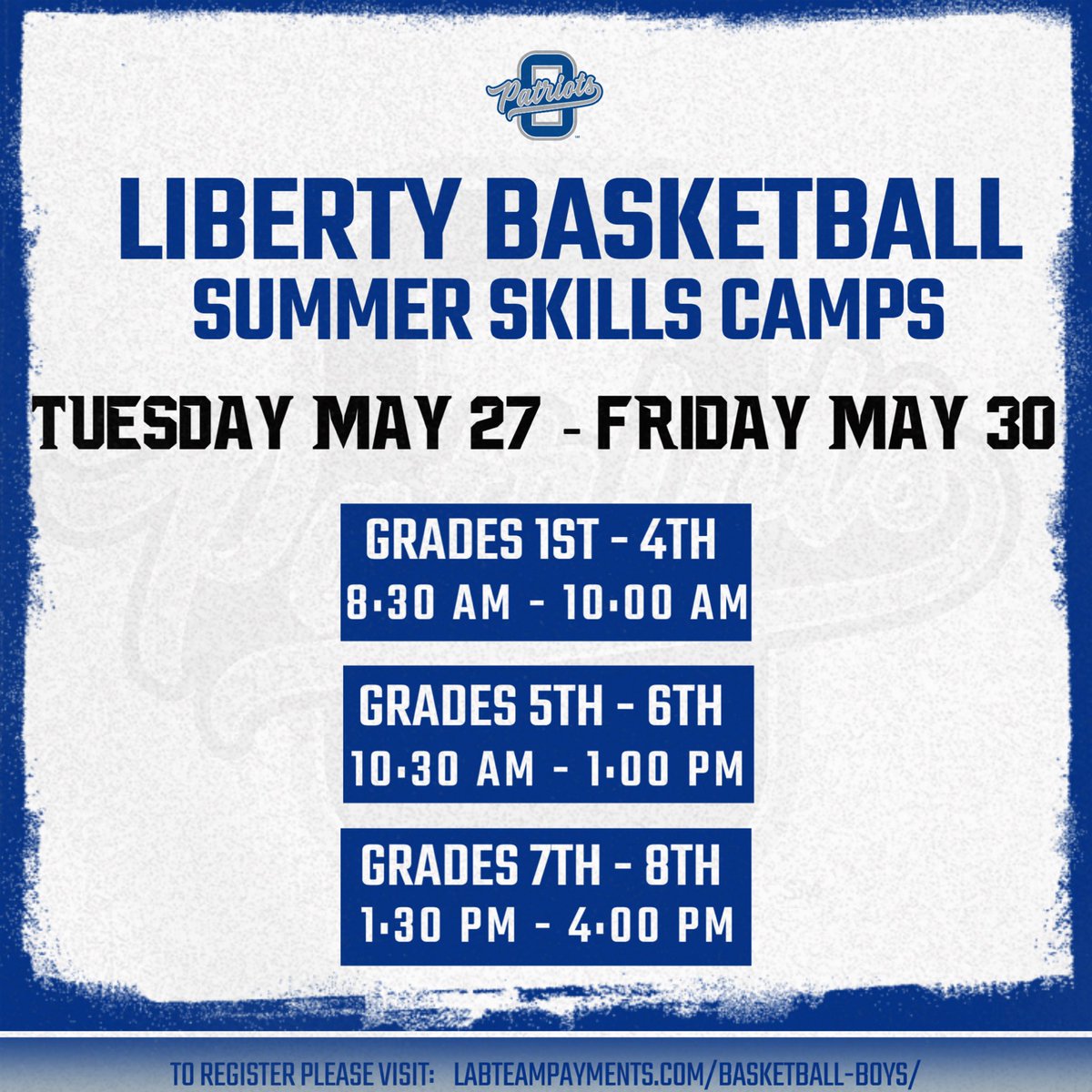 Liberty Boys Basketball (@olhsboysbball) on Twitter photo Our Summer Camp Dates are HERE!!
For more info and to register Please Visit
@ labteampayments.com/basketball-boy…
For questions please email Assistant Coach Connor Clark @ connor_clark@olsd.us Our Summer Camp Dates are HERE!!
For more info and to register Please Visit
@ labteampayments.com/basketball-boy…
For questions please email Assistant Coach Connor Clark @ connor_clark@olsd.us