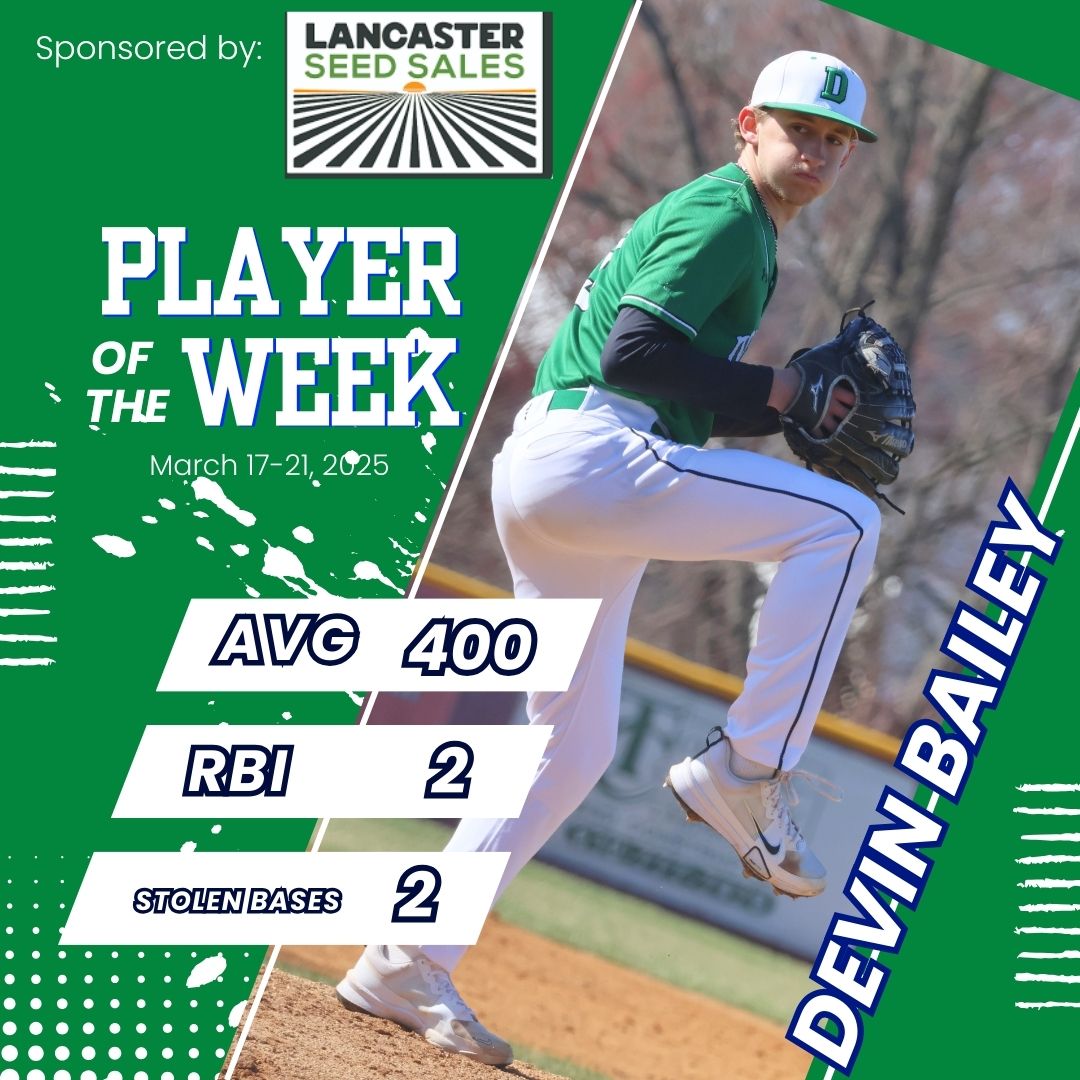 The Player of the Week for March 17-21 is brought to you by our Gold Sponsor, Lancaster Seed Sales. Senior <a href="/BaileyDevin14/">Devin Bailey</a> had a great 1st week not only at the plate, 400SLG| 500 OBP| 2RBI |2SB but also came in as relief and closed out game 1 2IP| OH| OR| 4BB| 2K Congrats Devin!👏