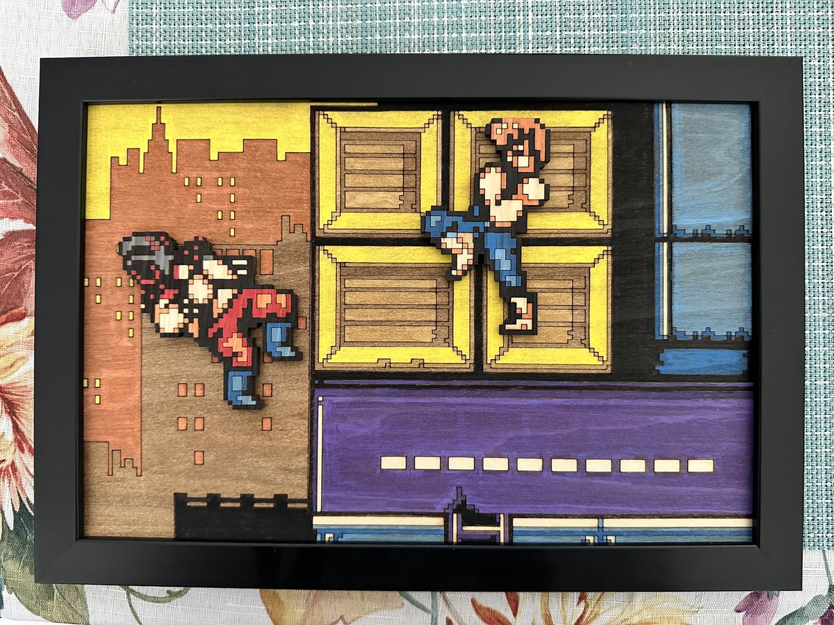 Finished my first full wooden painting! This is completely done with acrylic paint by hand and the characters are separate and pop off the canvas. So fun to do…

For the scene IYKYK! 

#doubledragon2 #nes #pixelart #PixelPerfect