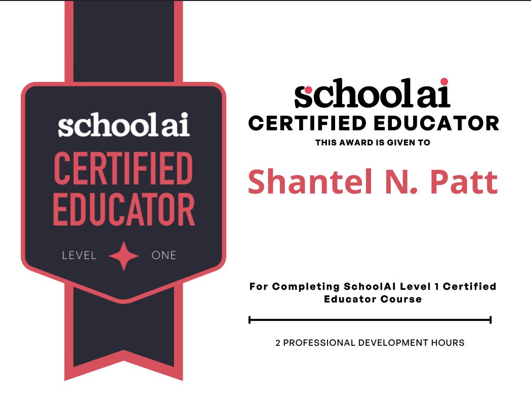 Shantel N. Patt (@growreadlearn) on Twitter photo ๐ Big win! I'm officially a SchoolAI Certified Educator โ Level 1! ๐โจ Proud to complete this course & level up my AI-powered teaching skills. I'm just getting started! ๐ฅ๐ก๐ #EdTech #AIinEducation #CertifiedEducator #SchoolAICertified #RISDBeTheOne #TotallyHPPM ๐ Big win! I'm officially a SchoolAI Certified Educator โ Level 1! ๐โจ Proud to complete this course & level up my AI-powered teaching skills. I'm just getting started! ๐ฅ๐ก๐ #EdTech #AIinEducation #CertifiedEducator #SchoolAICertified #RISDBeTheOne #TotallyHPPM