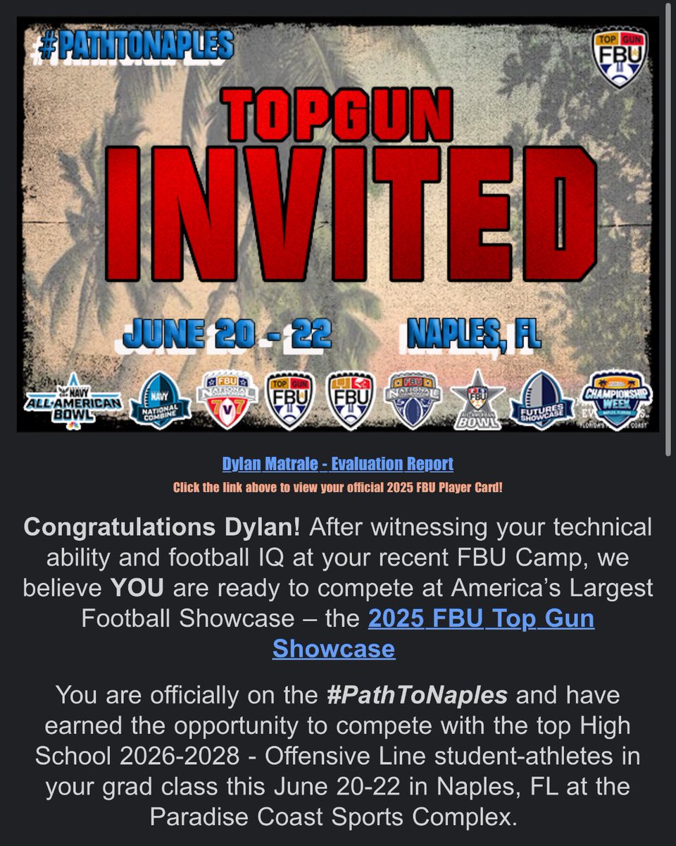 After a fun day at FBU yesterday I’m excited to receive the opportunity to compete at FBU Top Gun in Naples, FL!! <a href="/FBUcamp/">Football University</a> <a href="/Velocity_FB/">Velocity Football Academy™</a> <a href="/NCSA_Football/">NCSA_Football</a> <a href="/recruits_west/">West Forsyth Football Recruits</a> <a href="/NEGARecruits/">Northeast Georgia Recruits</a> <a href="/FCRecruits/">First Choice Recruiting</a> <a href="/DBarker2442/">Coach Barker</a> <a href="/CoachJNich/">Jacob Nichols</a> <a href="/DaveSvehla/">Coach Svehla</a> <a href="/LoganTillman/">Logan Tuley-Tillman</a> <a href="/LT2FBA/">LT2FBA Global</a>