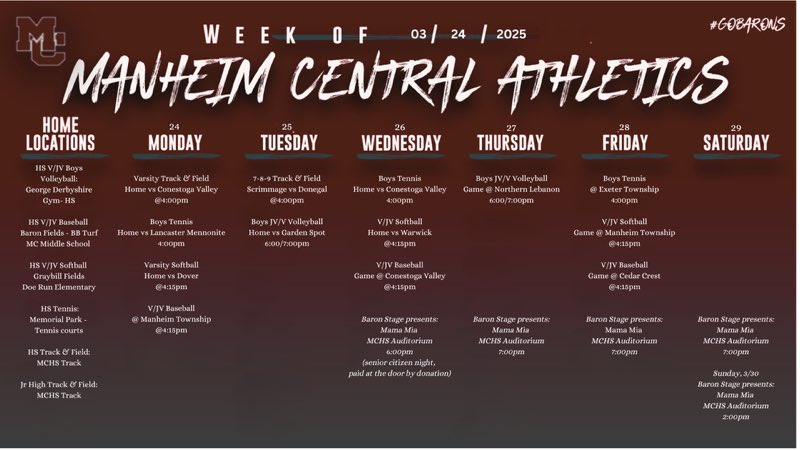 Manheim Central HS weekly Athletic and Activities schedule!