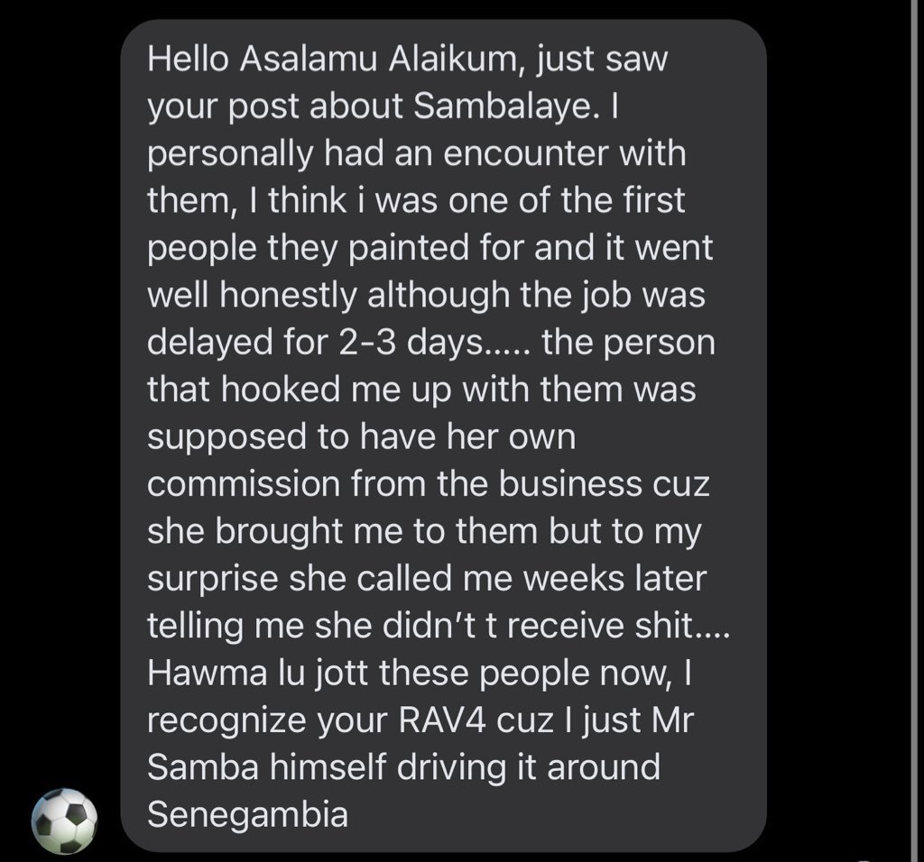 Gando π΅πΈπΏπ¦π±π§πΈπ©π¨π©πΈπ© (@gando__bah) on Twitter photo The amount of messages I'm getting from people telling me their experiences is wild! He was driving my car in Senegambia!! I'm just waiting to get consent to share some of these messages.
Aji Olley samba <a href="/LEGAL_SNACK/">Aji Oley Samba</a> this is what your father is doing with clients vehicles? The amount of messages I'm getting from people telling me their experiences is wild! He was driving my car in Senegambia!! I'm just waiting to get consent to share some of these messages.
Aji Olley samba <a href="/LEGAL_SNACK/">Aji Oley Samba</a> this is what your father is doing with clients vehicles?