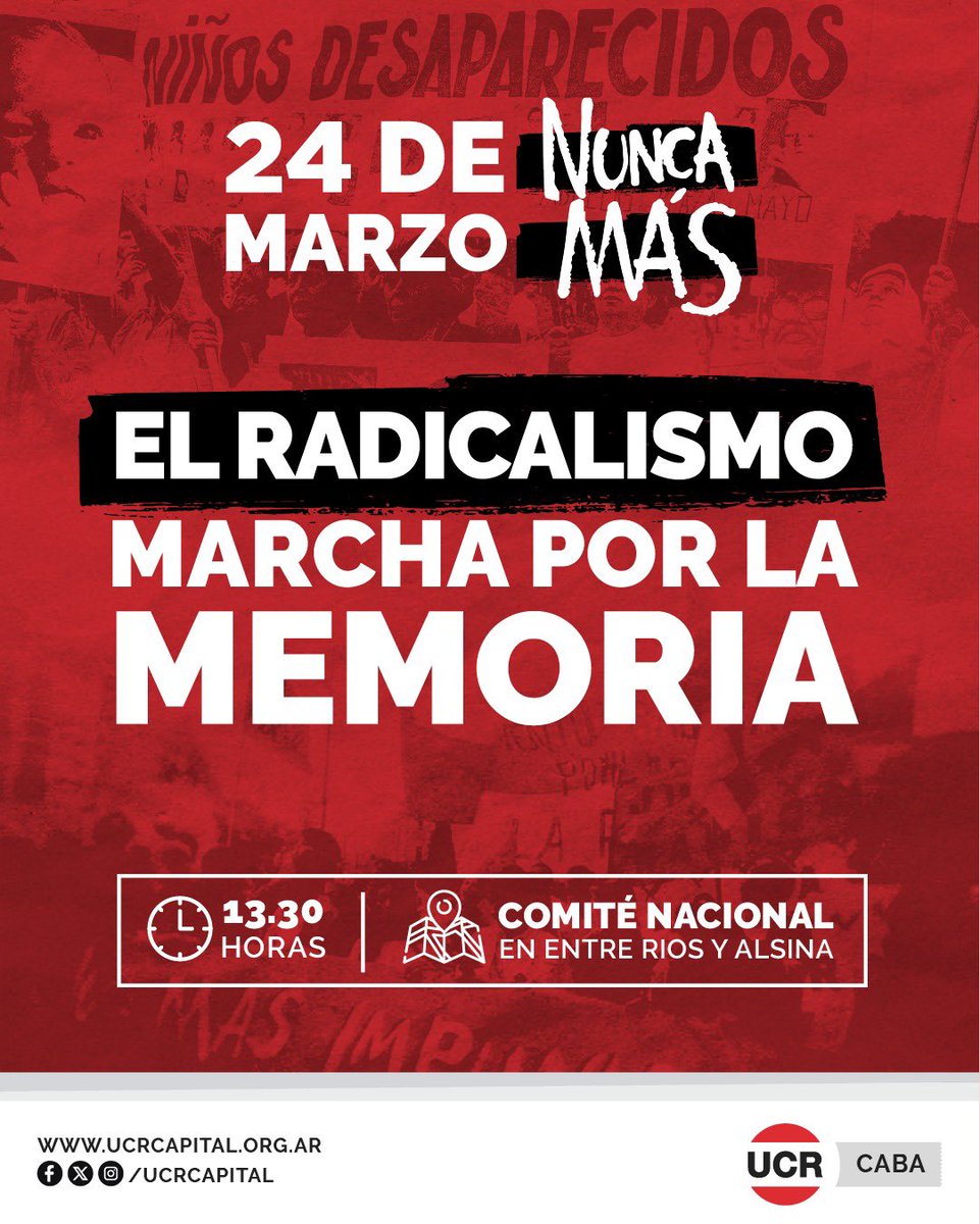 JRComuna4's tweet image. 🇵🇱¡EL 24 MARCHAMOS! 🇵🇱

Como Jóvenes Radicales, sentimos la responsabilidad de salir a las calles para sostener el legado de la CONADEP y reafirmar el compromiso con el NUNCA MÁS.

DEMOCRACIA PARA SIEMPRE   ✅
AUTORITARISMO NUNCA MÁS ❌