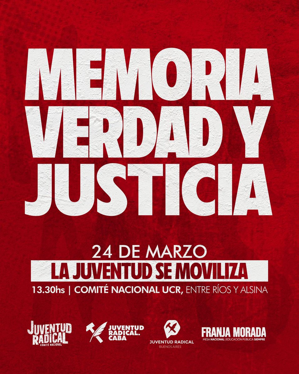 JRComuna4's tweet image. 🇵🇱¡EL 24 MARCHAMOS! 🇵🇱

Como Jóvenes Radicales, sentimos la responsabilidad de salir a las calles para sostener el legado de la CONADEP y reafirmar el compromiso con el NUNCA MÁS.

DEMOCRACIA PARA SIEMPRE   ✅
AUTORITARISMO NUNCA MÁS ❌