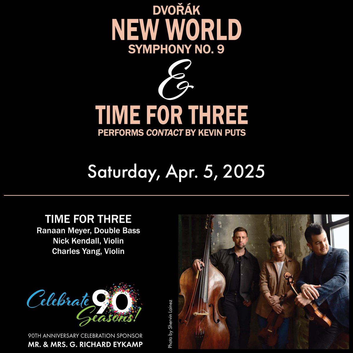 EvansvillePhil's tweet image. A night of music you won’t forget! 

Join us April 5 at 7 PM @Victory_Theatre for Dvořák’s New World Symphony &amp;amp; a stunning performance by Grammy-winning trio Time for Three (TF3)!

Get tickets now: rb.gy/vt6rb6 or call 812.425.5050. 
#TimeForThree #LiveMusic #EvansPhil