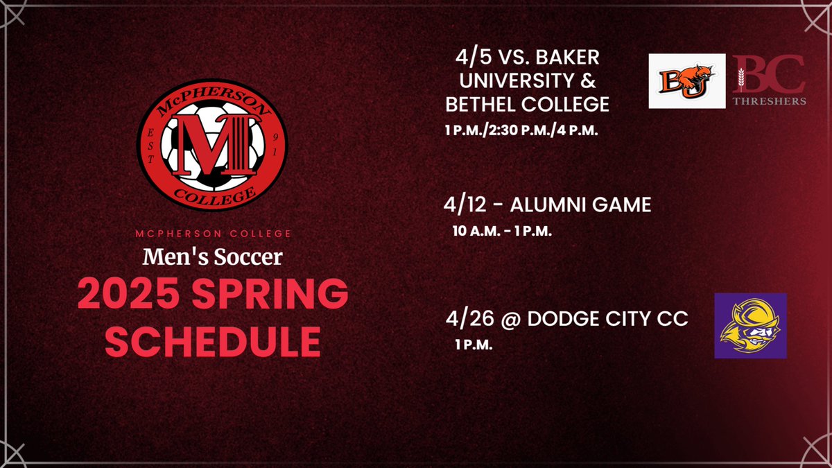 McPherson Men's Soccer (@macmen_soccer) on Twitter photo 2025 Spring Schedule - Good opportunity to test ourselves!
Alumni: Please RSVP by emailing Coach Kent: freundk@mcpherson.edu if you plan on attending! #BulldogPride 2025 Spring Schedule - Good opportunity to test ourselves!
Alumni: Please RSVP by emailing Coach Kent: freundk@mcpherson.edu if you plan on attending! #BulldogPride