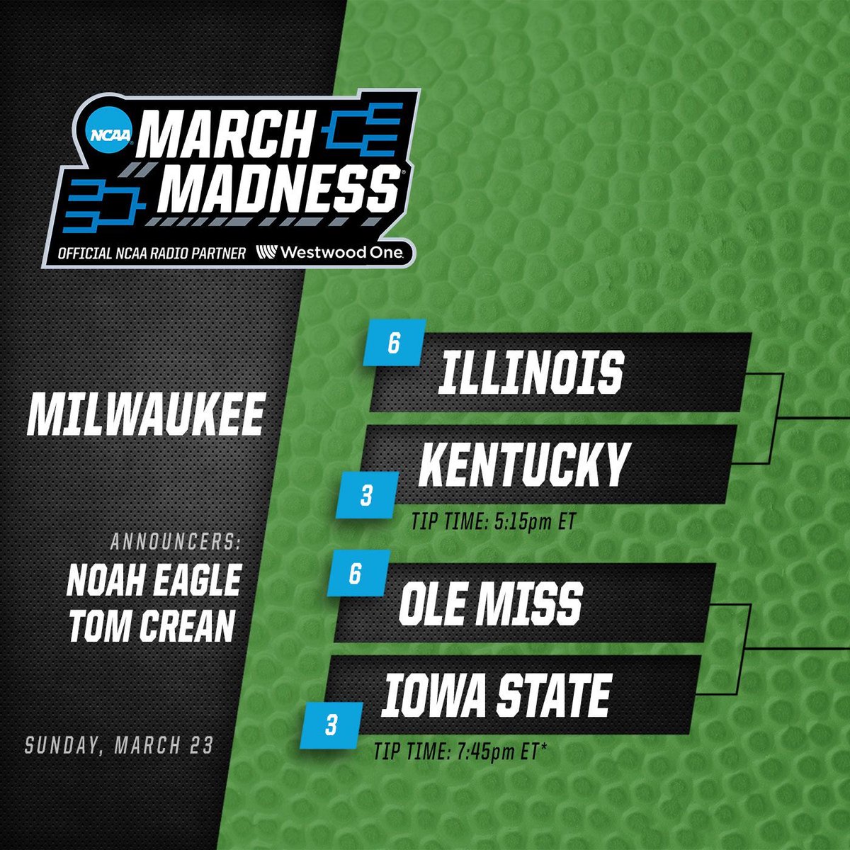 Westwood One Sports (@westwood1sports) on Twitter photo First up at Fiserv Forum! #MarchMadness
Do you like points? You might enjoy this one ๐คฉ
๐: <a href="/IlliniMBB/">Illinois Men's Basketball</a> vs <a href="/KentuckyMBB/">Kentucky Menโs Basketball</a>
๐ฃ๏ธ: @noaheagle15 & <a href="/TomCrean/">Tom Crean</a>
๐: Milwaukee, WI
๐ป: #FirstRound Affiliates
๐ฅ๏ธ: WestwoodOneSports.com/Milwaukee
๐ฑ: WWO App, #MMLive, @Varsity & TuneIn
๐ก: <a href="/SXMCollege/">College Sports on SiriusXM</a> First up at Fiserv Forum! #MarchMadness
Do you like points? You might enjoy this one ๐คฉ
๐: <a href="/IlliniMBB/">Illinois Men's Basketball</a> vs <a href="/KentuckyMBB/">Kentucky Menโs Basketball</a>
๐ฃ๏ธ: @noaheagle15 & <a href="/TomCrean/">Tom Crean</a>
๐: Milwaukee, WI
๐ป: #FirstRound Affiliates
๐ฅ๏ธ: WestwoodOneSports.com/Milwaukee
๐ฑ: WWO App, #MMLive, @Varsity & TuneIn
๐ก: <a href="/SXMCollege/">College Sports on SiriusXM</a>
